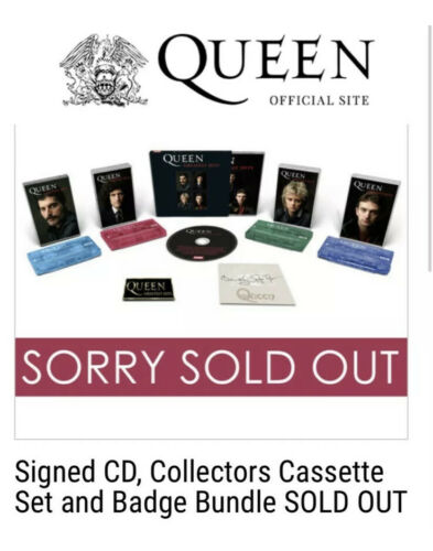 QUEEN Greatest Hits Signed CD  Collectors Cassette Set and Badge Bundle SOLD OUT