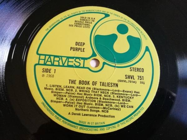 Deep Purple LP The Book Of taliesyn UK Harvest 1st press 5 line text RARE       