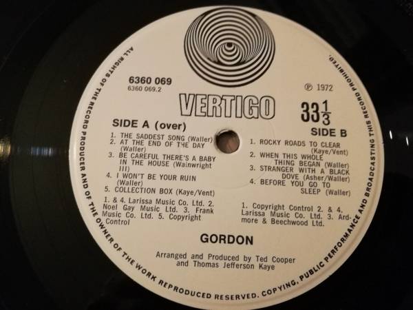 Gordon LP Same UK Vertigo swirl 1st Press LOVELY VINYL   VERY RARELY APPEARS 