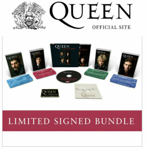 QUEEN GREATEST HITS SIGNED CD  COLLECTORS CASSETTE SET   BADGE LTD EDITION MINT