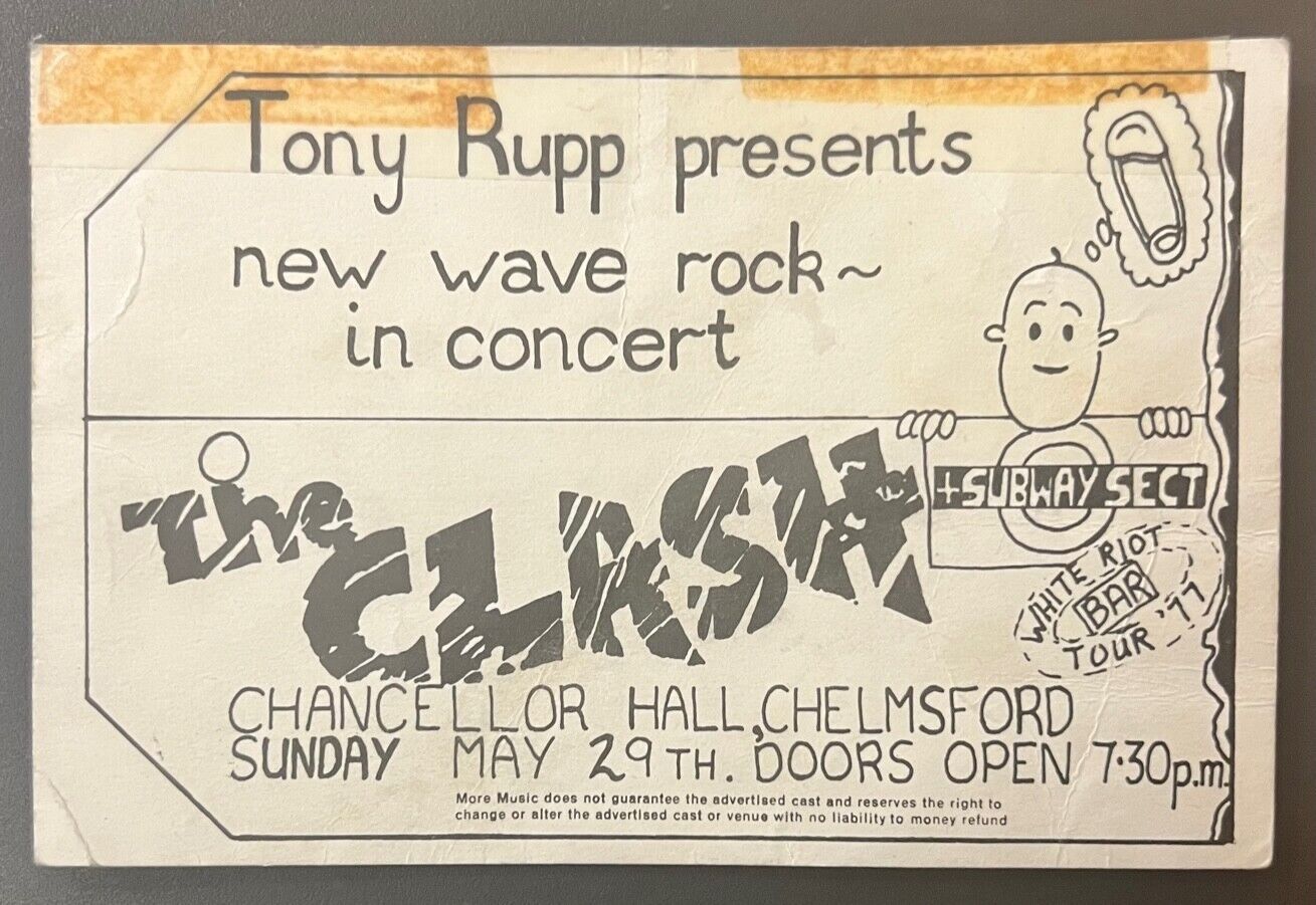 The Clash Chelmsford Original 1977 Very Rare Ticket Punk Sex Pistols Damned