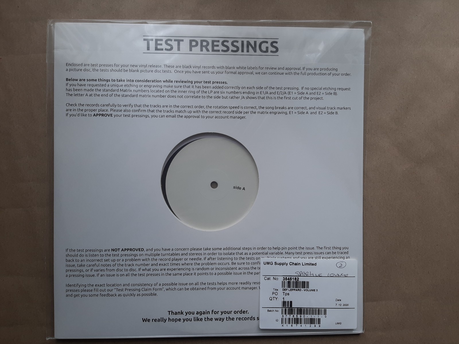 Def Leppard - Songs From The Sparkle Lounge  2020 WHITE LABEL TEST PRESSING LP 
